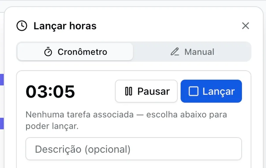 Cronômetro de apontamento de horas do Task4.Work, com os botões de pausar e lançar na tarefa