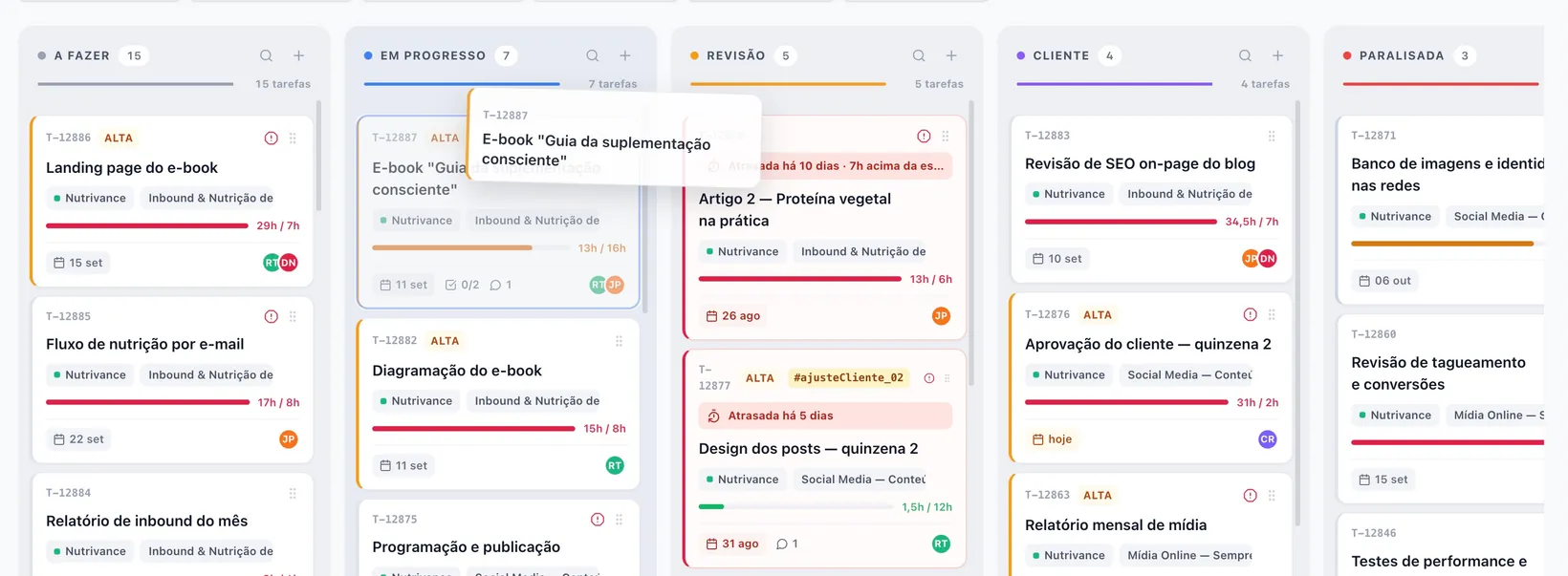Cartão de tarefa sendo arrastado entre as colunas do quadro Kanban do Task4.Work